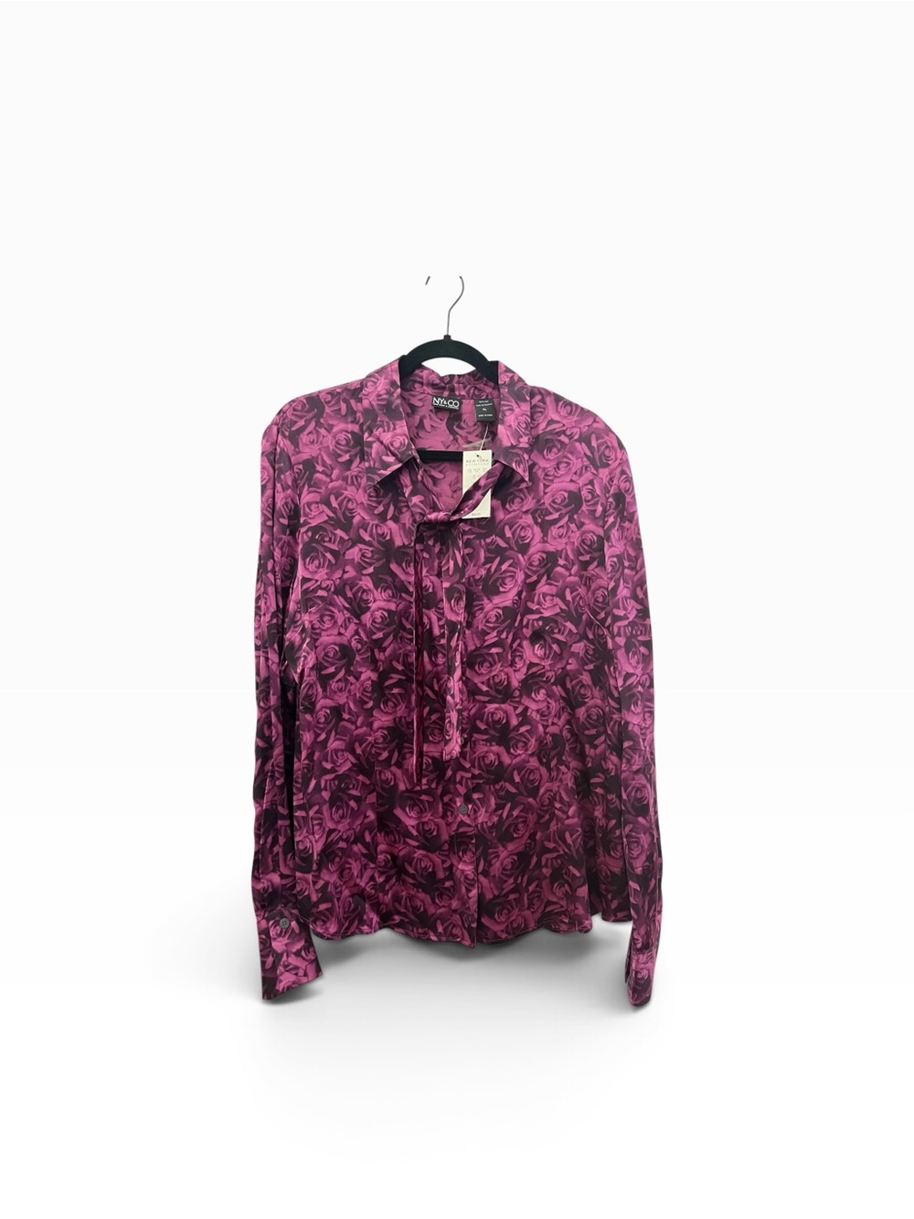 NWT Y2K NY & Co 100% Silk Fuchsia Floral Print Button Down Tie Neck Blouse XL